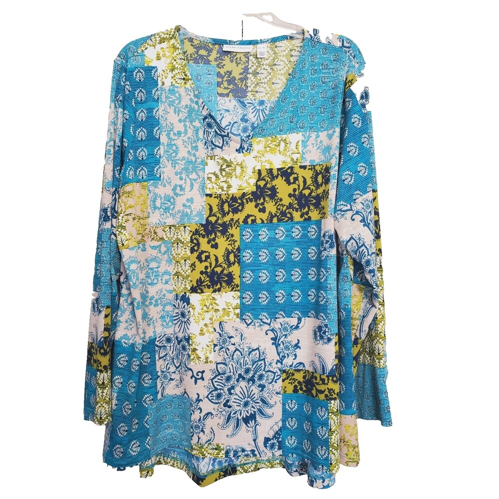Susan Graver LiquidKnit Patchwork V-Neck Long Sleeve Tunic Size XL Boho